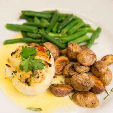 Halibut Crab Cake Roulade with a Lemon Cream Sauce, Green Beans and Truffle Roasted Potatoes