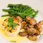 Halibut Crab Cake Roulade with a Lemon Cream Sauce, Green Beans and Truffle Roasted Potatoes
