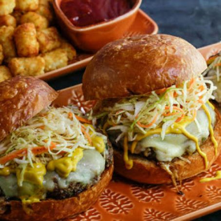 Chili Burgers with Southern-Style Slaw, Mustard and Onions