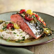 Salmon with White Corn Grits and Tomato Salsa