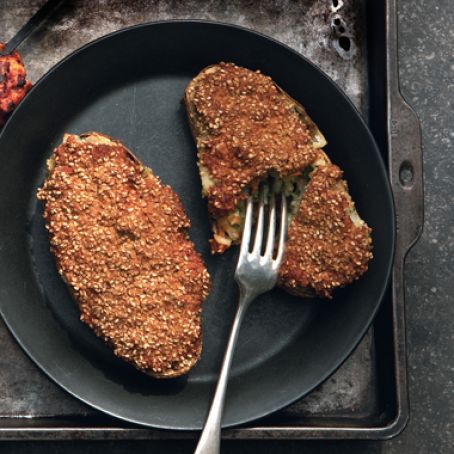 Cheese-Stuffed Potatoes with Yogurt-Spice Paste and Sesame Seed Crust