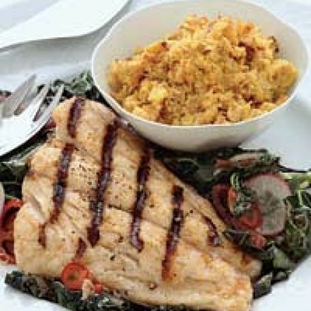 Grouper with Corn Pudding and Collard Greens
