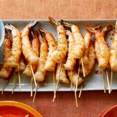 Grilled Shrimp Skewers with Soy Sauce, Fresh Ginger and Toasted Sesame Seeds
