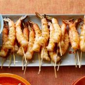 Grilled Shrimp Skewers with Soy Sauce, Fresh Ginger and Toasted Sesame Seeds