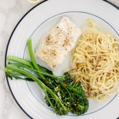 Roasted Lemon Cod with Sweet Potato Noodles and Garlic Broccolini