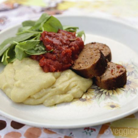 Homemade Sundried Tomato & Pine Nut Seitan Sausages w/ Soft Polenta & Pan Roasted Tomato Sauce