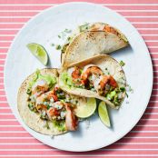 Shrimp Tacos with Guacamole Cream & Olive Salsa