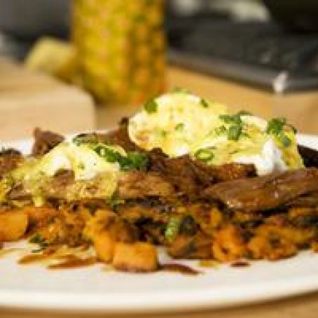 Sour Orange Pork with Sweet Potato-Hash, Fried Eggs and Sofrito Hollandaise