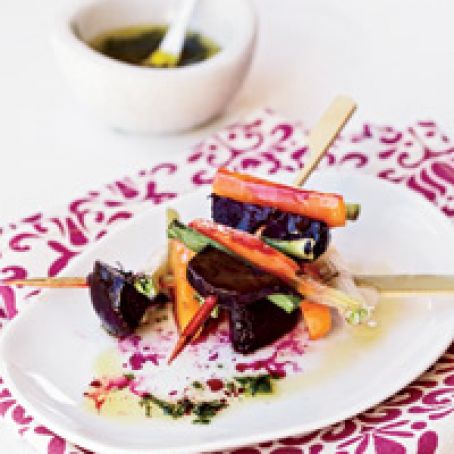 Roasted Beet, Carrot and Scallion Skewers with Tarragon
