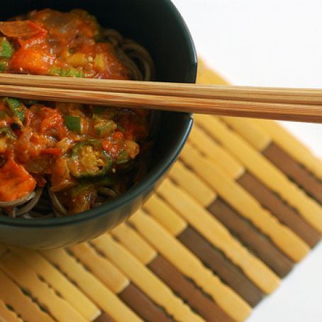 super simple okra and miso marinara over soba noodles