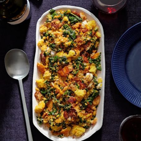 Cornbread Stuffing With Wilted Greens & Chorizo