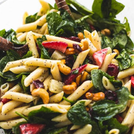 STRAWBERRY SPINACH PASTA SALAD WITH ORANGE POPPY SEED DRESSING
