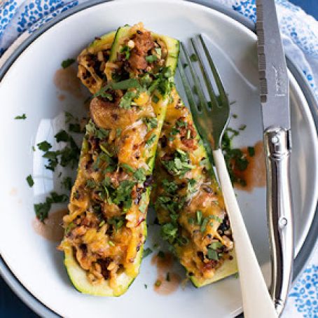 Cheesy Southwest Grains and Chorizo Zucchini Boats
