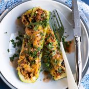 Cheesy Southwest Grains and Chorizo Zucchini Boats
