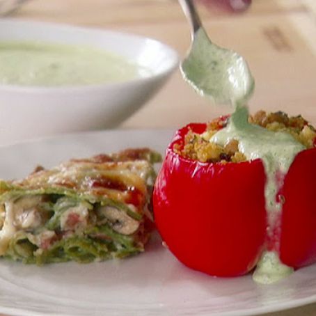 Couscous-Stuffed Peppers with Basil Sauce
