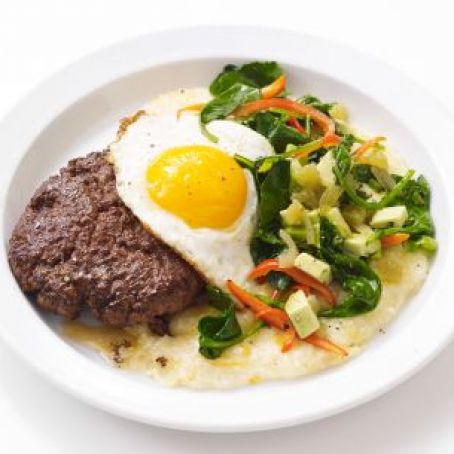 Burger with Fried Eggs and Grits