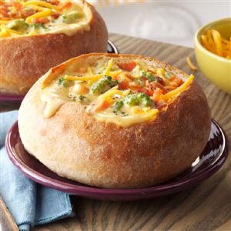 Cheesy Broccoli Soup in a Bread Bowl Recipe