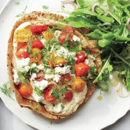Hummus, Tomato, and Feta Pita Pizzas With Arugula Salad