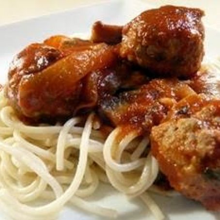 Spaghetti and Sausage Meatballs with Caramelized Onion and Portabella Mushroom Sauce