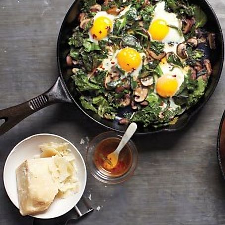 Fried Eggs with Greens and Mushrooms