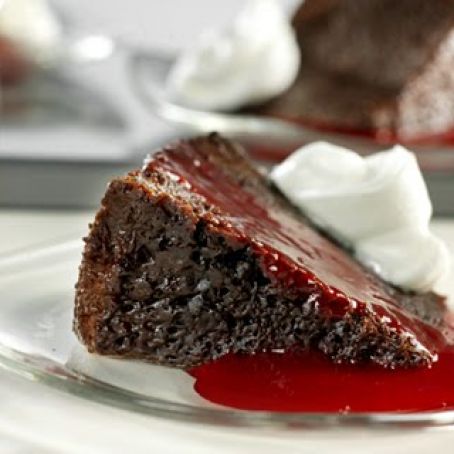 Triple Chocolate Pudding Cake with Raspberry Sauce