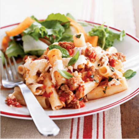 Baked Ziti with Sausage, Tomatoes, Basil and Cheese