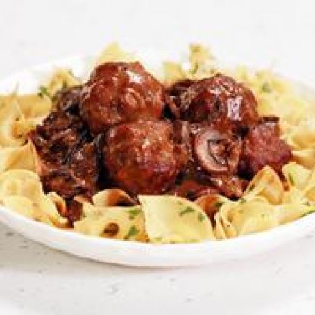 Veal and Pork Meatballs with Mushroom Gravy and Egg Noodles