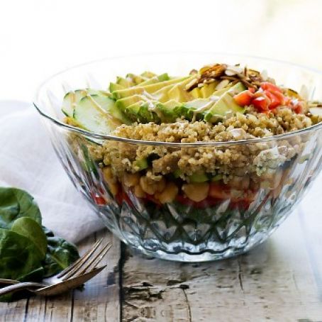 7-Layer Vegetarian Quinoa Salad with Tahini Dressing
