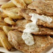 PORK CUTLETS WITH CREAMY BLUE CHEESE DRESSING & FINGERLING POTATOES