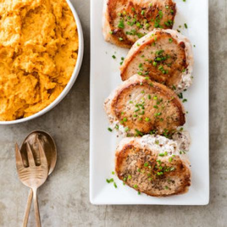 Pecan Stuffed Pork Chops with Mashed Sweet Potatoes