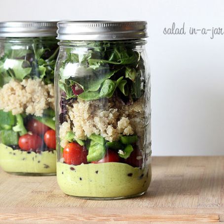 Quinoa - Quiona, Black Bean and Tomato Salad-in-a-Jar with Avocado Cilantro Lime Dressing