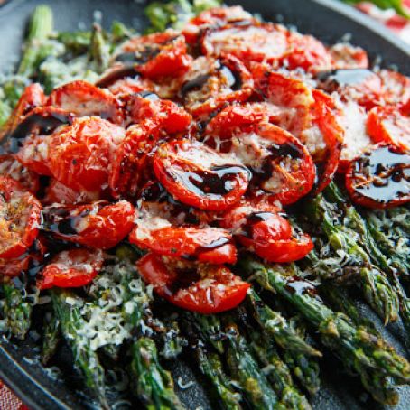Balsamic Parmesan Roasted Asparagus and Tomatoes
