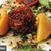 Palisade Peach Salad with Crispy Prosciutto-Crusted Goat Cheese Balls and Hazelnut-Mint Vinaigrette