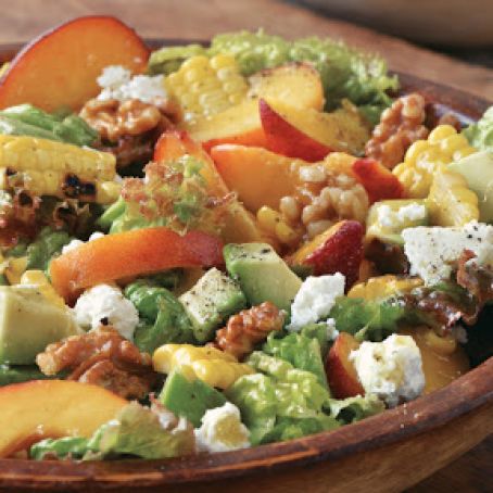 Red-Leaf Lettuce Salad with Grilled Corn, Peaches, Avocado and Walnuts