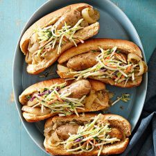 Chicken Bratwurst and Onions with Broccoli Slaw Salad