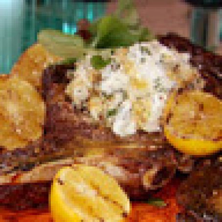 Rib Eyes with Goat Cheese Meyer Lemon Honey Mustard and Watercress.