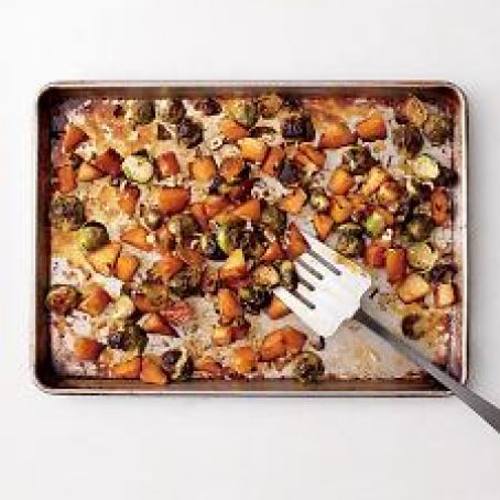 Maple-Roasted Brussels Sprouts and Rutabaga with Hazelnuts