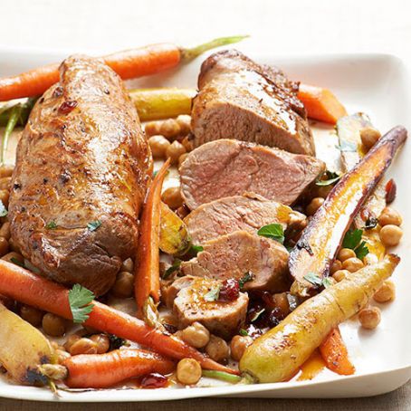Pan Roasted Pork Tenderloin with Carrots, Chickpeas, and Cranberries