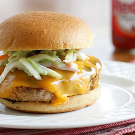 Buffalo Turkey Burgers with Blue Cheese  Broccoli Slaw