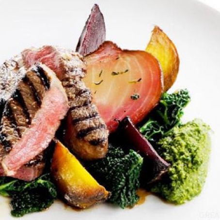 Chargrilled leg of lamb with salsa verde and roasted beetroot