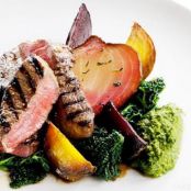 Chargrilled leg of lamb with salsa verde and roasted beetroot