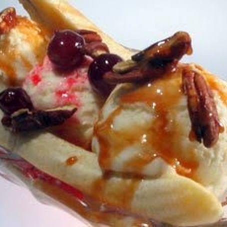 Banana Split with Cranberry Compote and Coffee Caramel Sauce