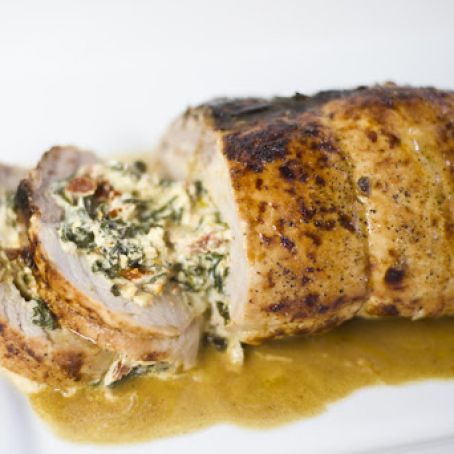 Stuffed pork tenderloin: spinach and sun-dried tomatoes.