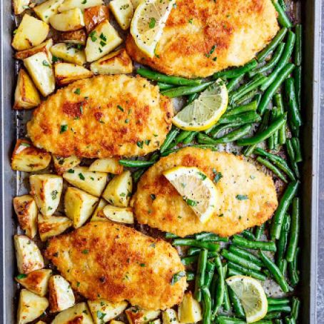 Crispy Sheet Pan Lemon Parmesan Garlic Chicken & Veggies (Milanese)