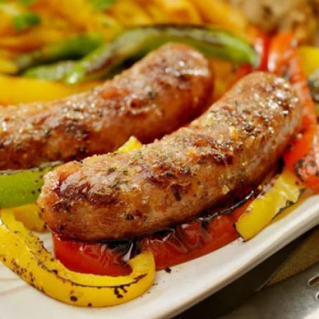 Grilled Sausages with Marinated Peppers & Onions