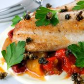 PAN-ROASTED FISH WITH PEPERONATA RUSTICA, FRIED CAPERS AND CRÈME FRAÎCHE AIOLI