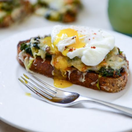 BREAKFAST - Broiled Fontina Toasts with Roasted Garlic and Poached Eggs