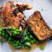 Chicken Supremes with Roast Garlic and Tarragon Brioche Pudding