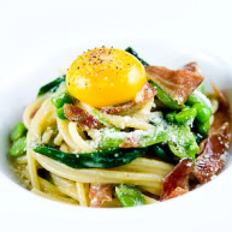 PASTA - Spaghetti “Carbonara” with Duck Prosciutto, Fava Beans & Ramps
