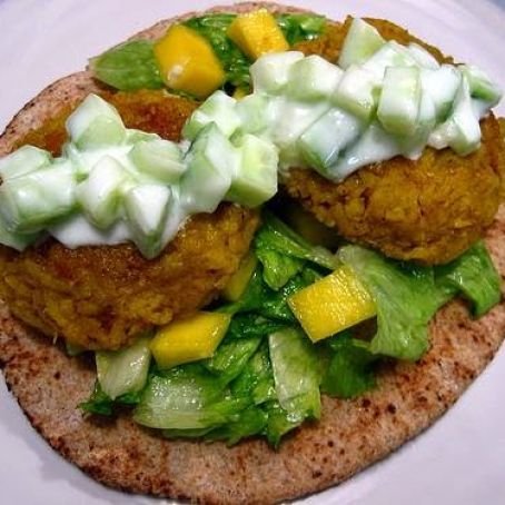 Red Lentil and Basmati Rice Croquettes with Romaine-Mango Salad and Cucumber Raita